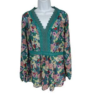 Matilda Jane Kookaburra Floral Print Crochet Trim Peasant Top Size L
